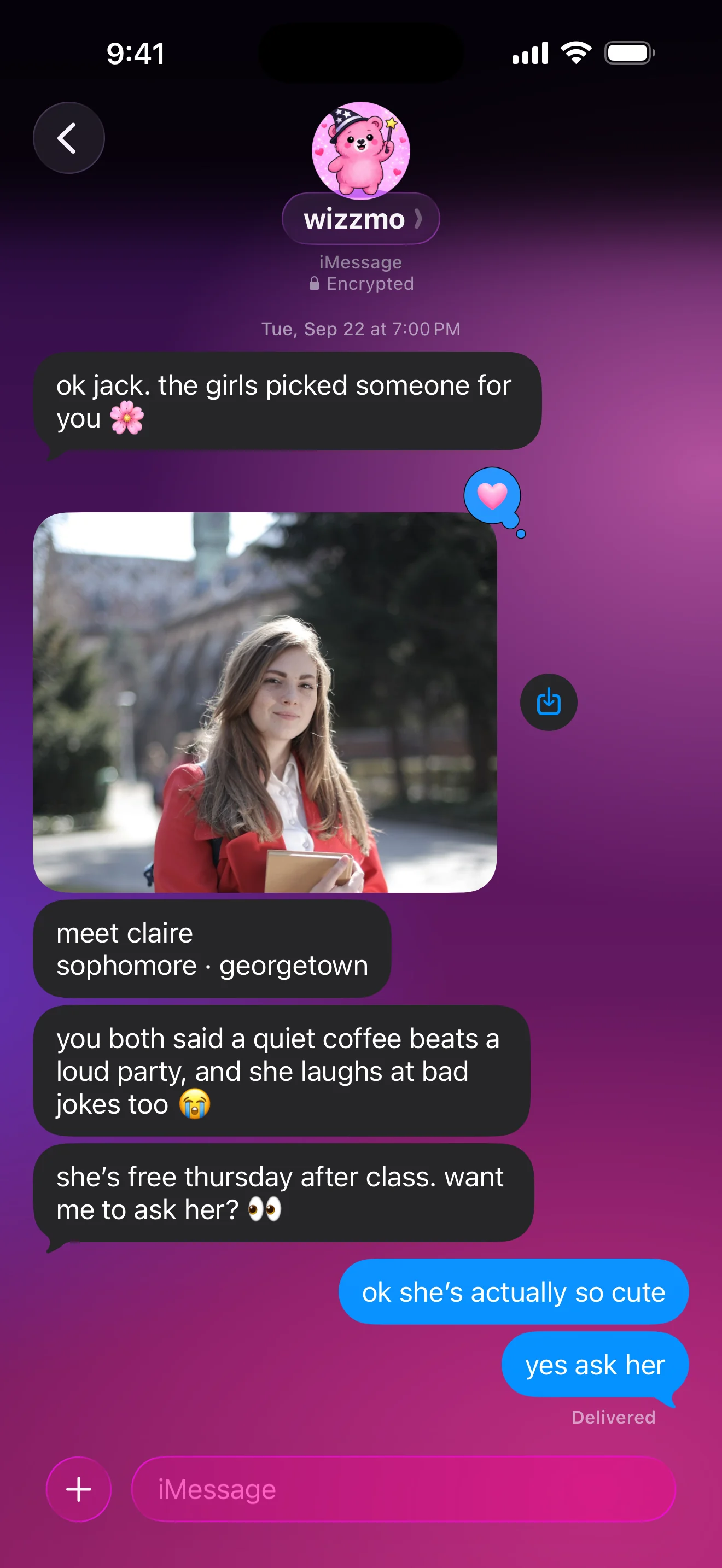 wizzmo texting jack his match, claire, with her photo and why they were paired